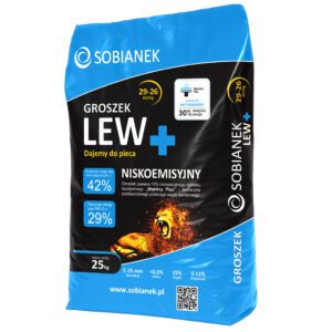 opakowanie węgla groszku Lew Plus marki Sobianek worek 25kg wysokokaloryczny groszek workowany 26-19MJ kg
