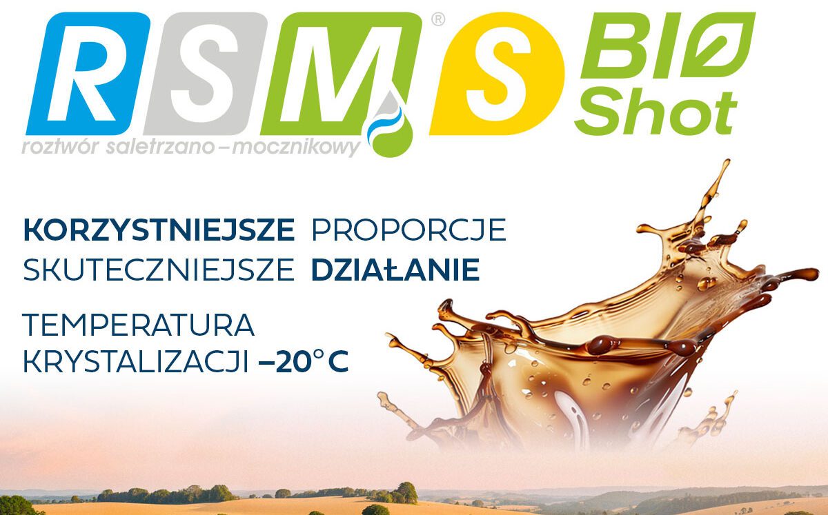 Grafika promująca nawóz RSMS BioShot – roztwór saletrzano-mocznikowy z siarką i cukrami, o temperaturze krystalizacji -20°C, poprawiający plonowanie upraw.