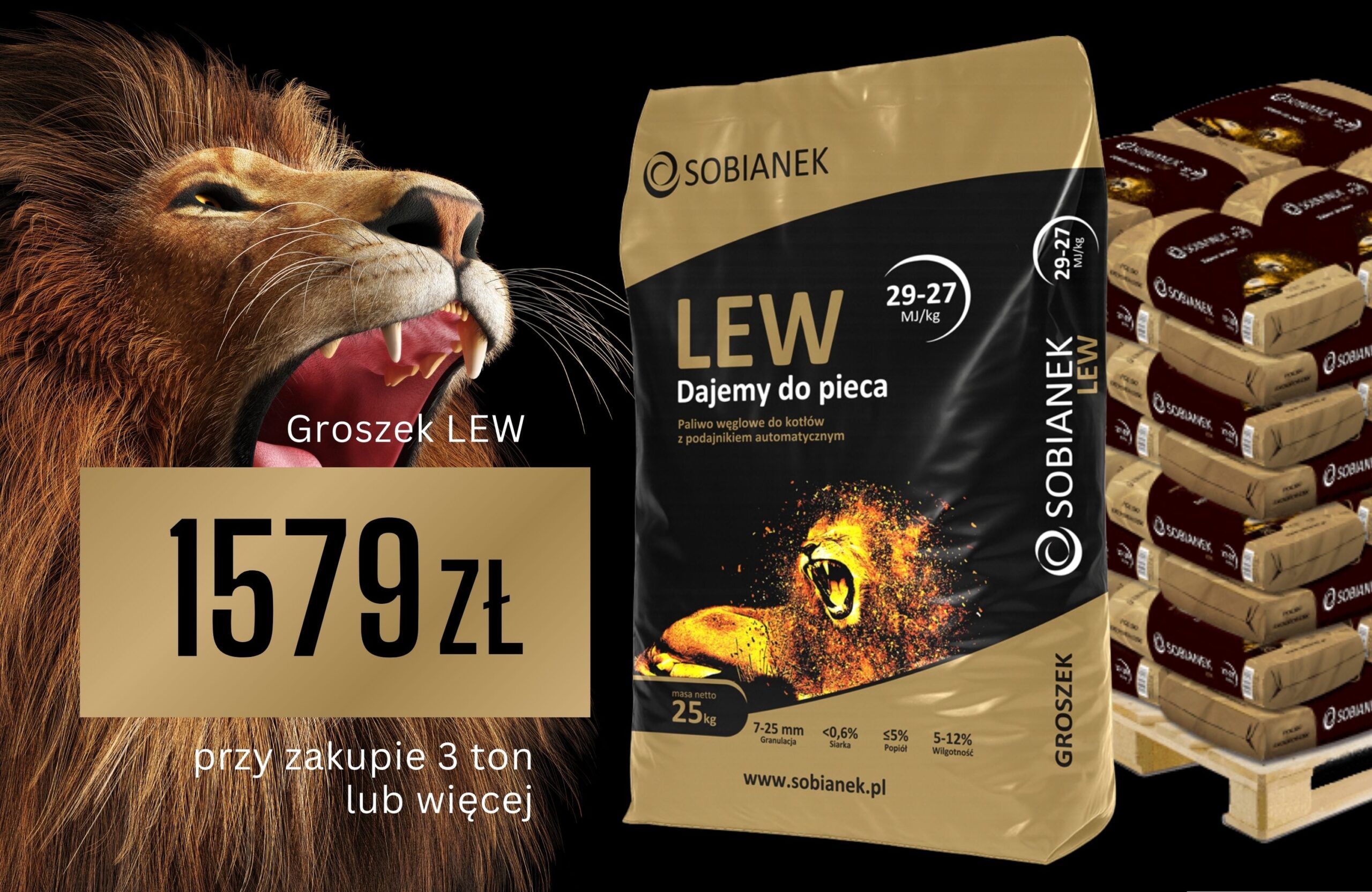 węgiel groszek Lew w cenie 1579zł przy zakupie 3 ton lub więcej