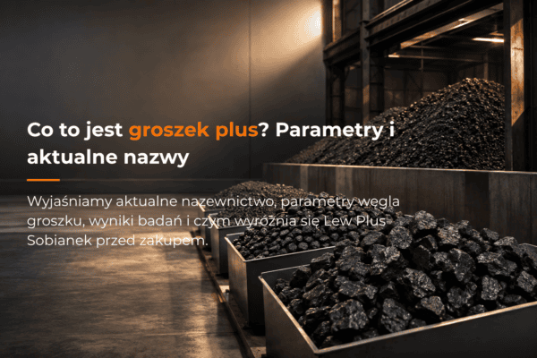 Groszek Plus i ekogroszek – bryły węgla w zakładzie oraz informacje o parametrach i aktualnym nazewnictwie paliwa Lew Plus Sobianek.