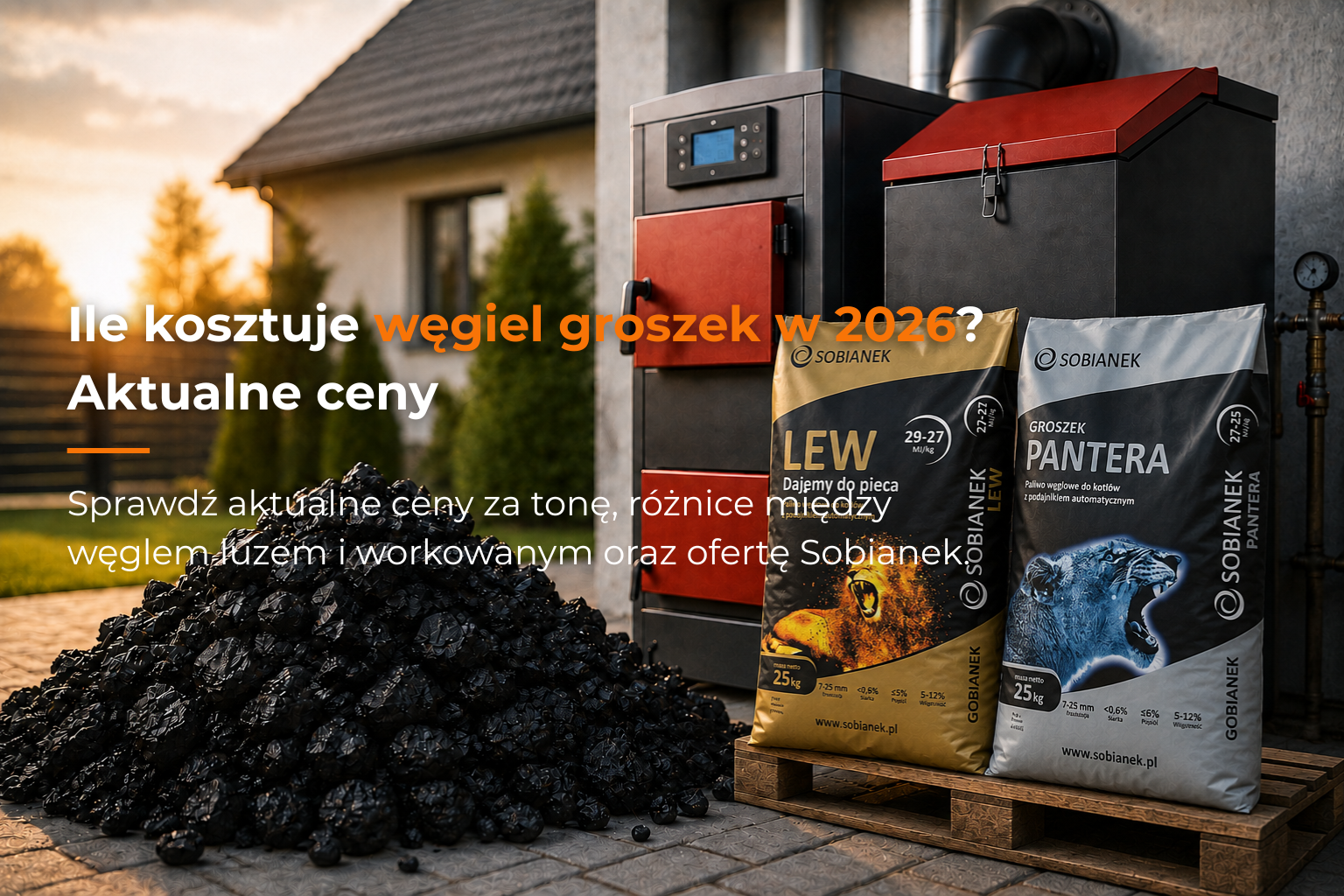 Infografika Sobianek pokazująca, ile kosztuje węgiel groszek w 2026 roku – ceny luzem, workowanego opału, parametry jakościowe i przykładowe ceny produktów Lew, Lew Plus i Pantera; ekogroszek i węgiel groszek.